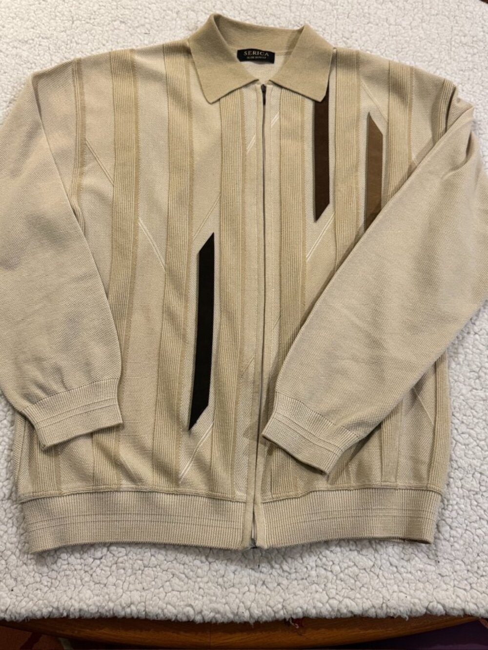 Vintage SERICA Full Zip Knit Polo Sweater / Cardigan with Suede Accents - XL